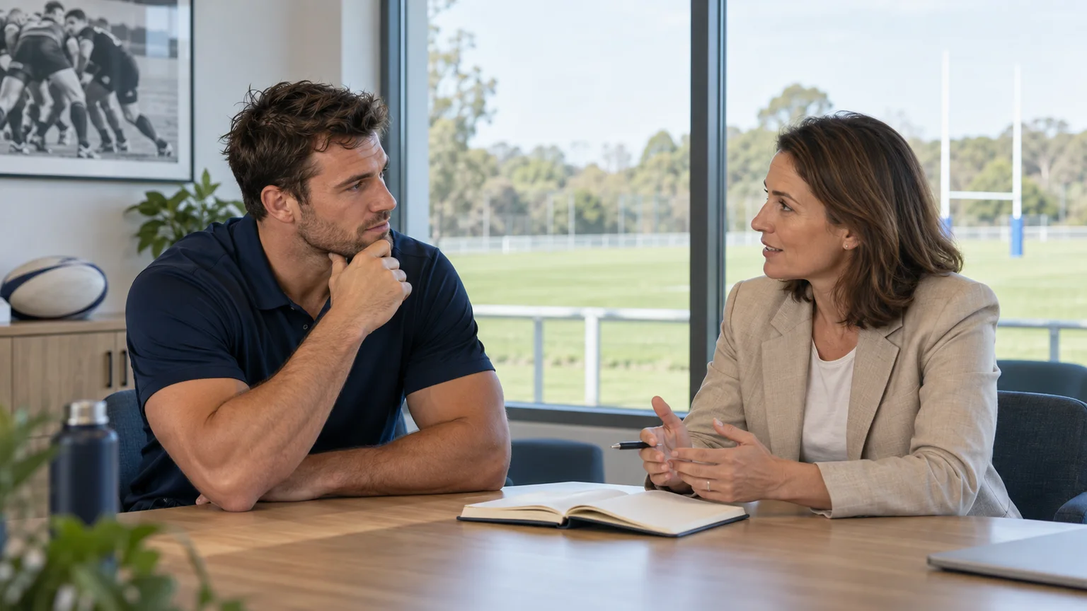 Un joueur de rugby échange avec une conseillère dans une salle donnant sur un terrain de sport